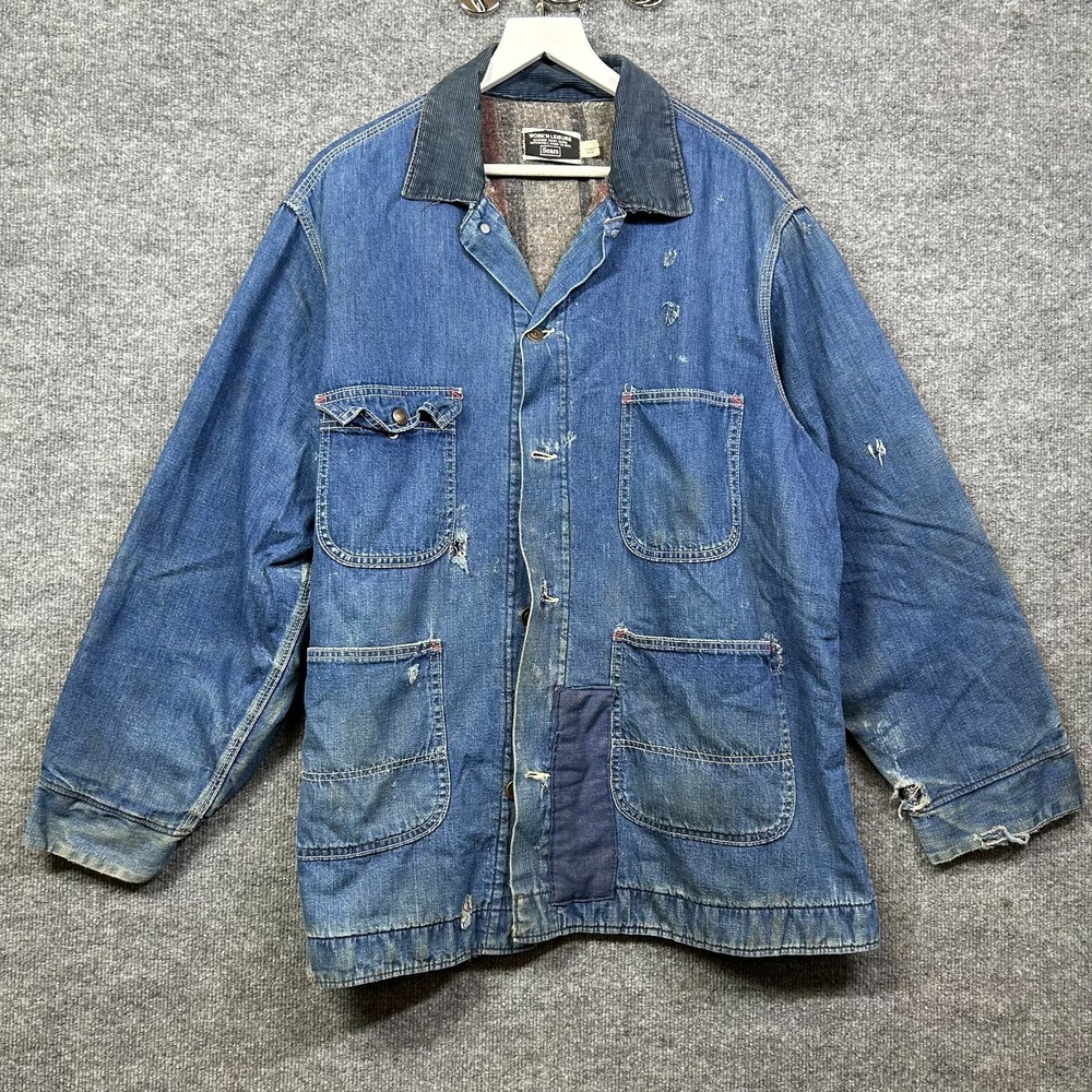 Sears Work'N Leisure Denim Chore Jacket Men's Blue Corduroy Collar Distressed XL